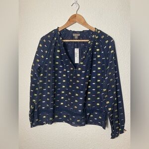 NWT Point Sur J Crew navy with gold arrow design popover blouse Small lace